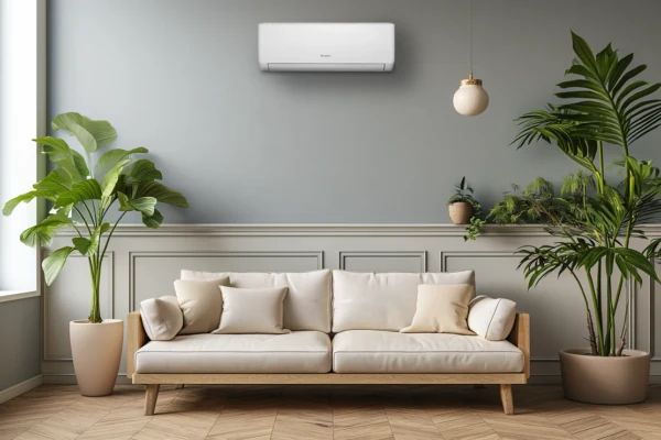 Jasny salon w domu z klimatyzacją ścienną