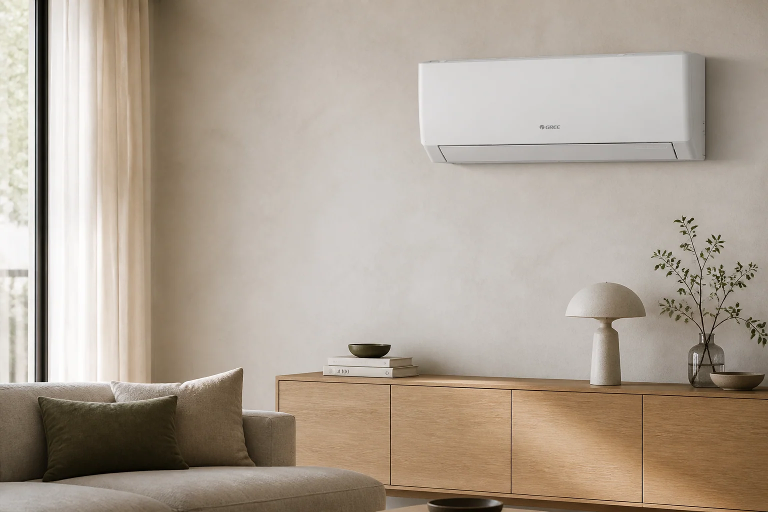 Klimatyzator Gree Pular PRO White w eleganckim, jasnym salonie