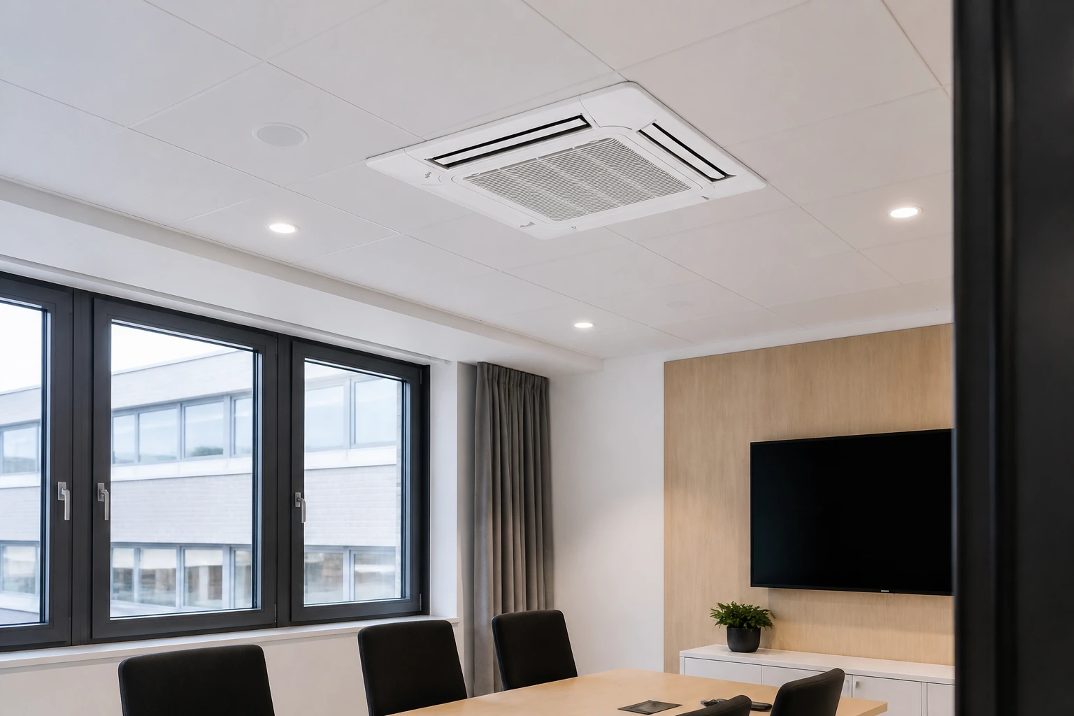 Fujitsu VRF AUXK Kasetonowy 360° w aranżacji nowoczesnego wnętrza