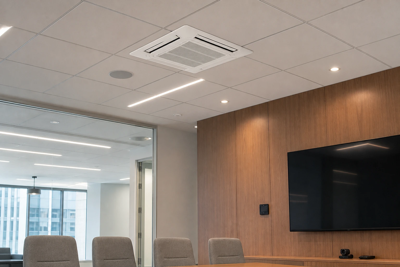 Fujitsu VRF AUXK Kasetonowy 360° — studyjna prezentacja konstrukcji i wykończenia urządzenia