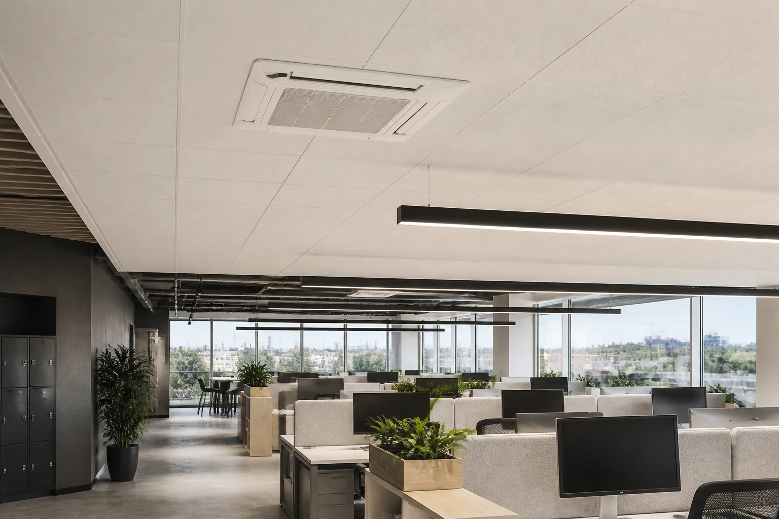 Fujitsu VRF AUXM Kasetonowy Slim 360° — powiększony widok obudowy i nawiewu