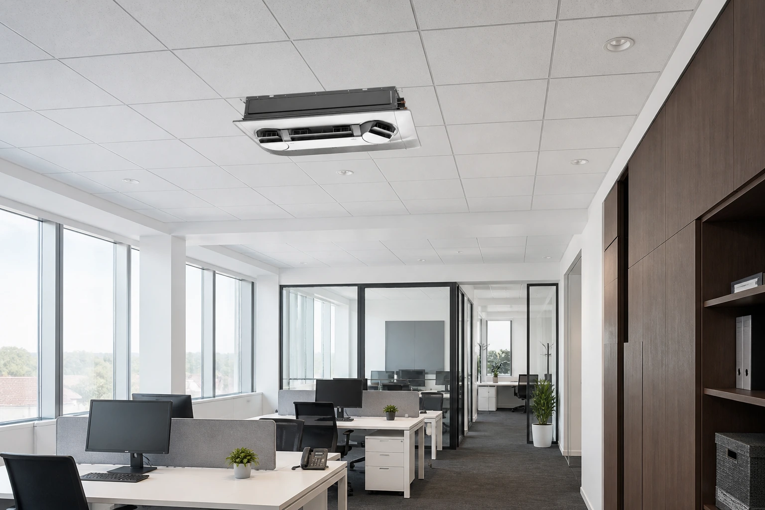 Fujitsu VRF AUXS Kasetonowy 3D — powiększony widok obudowy i nawiewu