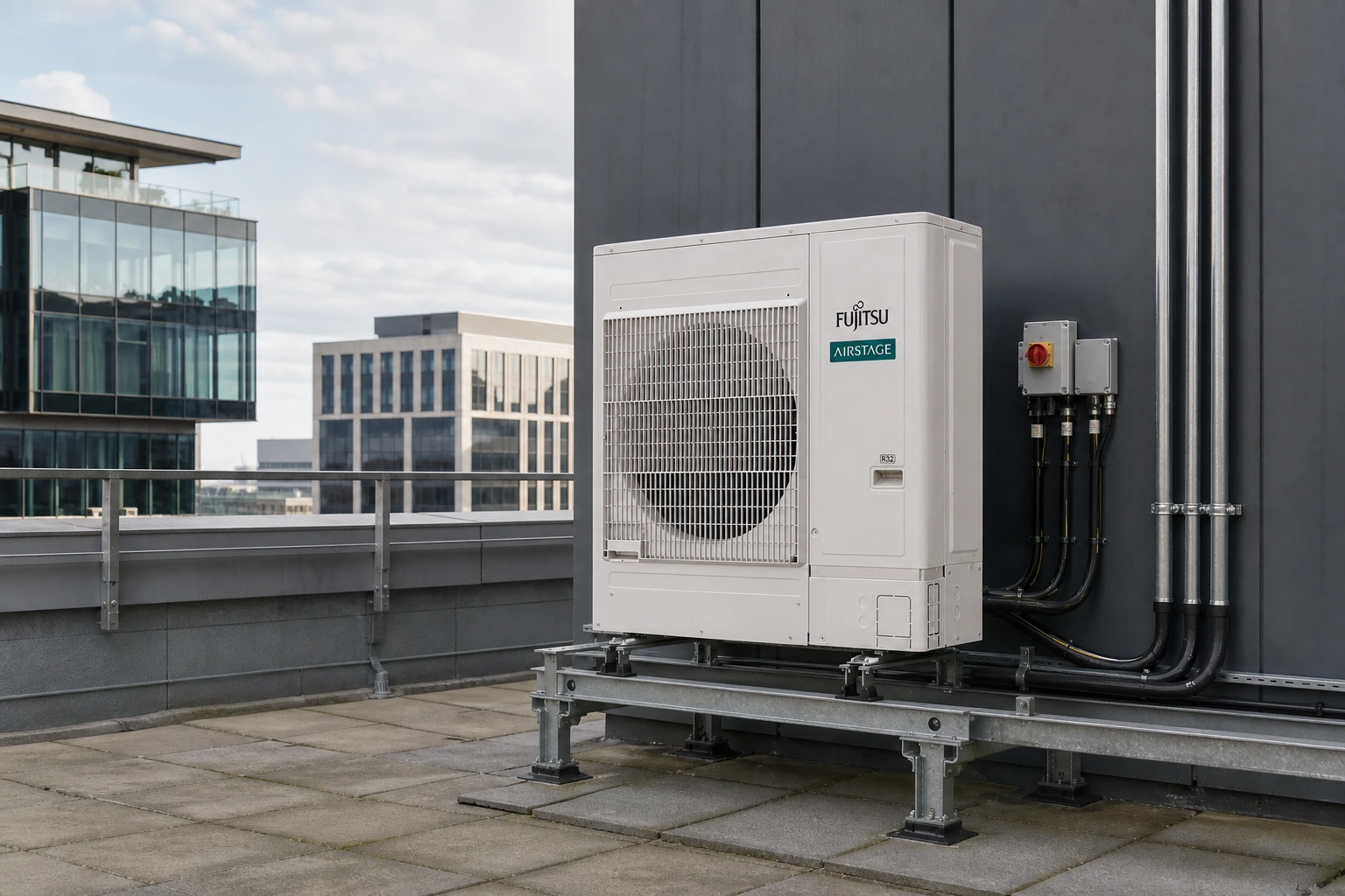 Fujitsu AIRSTAGE VRF J-VS R32 — powiększony widok obudowy i nawiewu