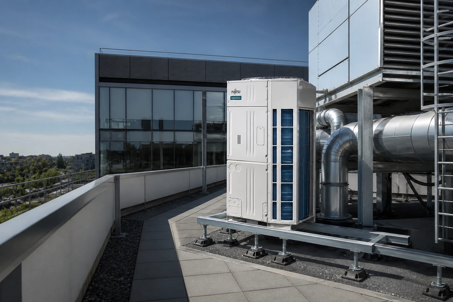 Fujitsu AIRSTAGE VRF VU-V R32 — powiększony widok obudowy i nawiewu